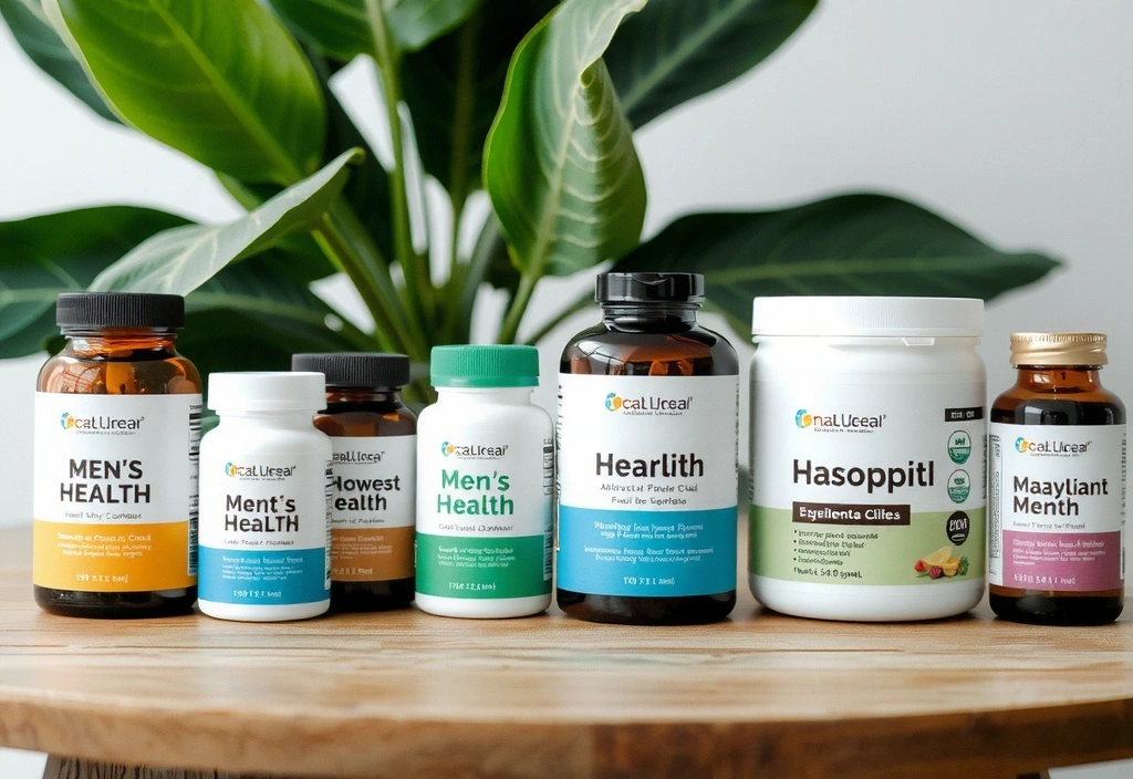 Assortment of natural supplement bottles for men